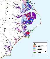 Pamlico and Albemarle Sounds are adjacent to one of the largest areas of undeveloped coastal lowlands in the United States.  North Carolina sea level rise planning map